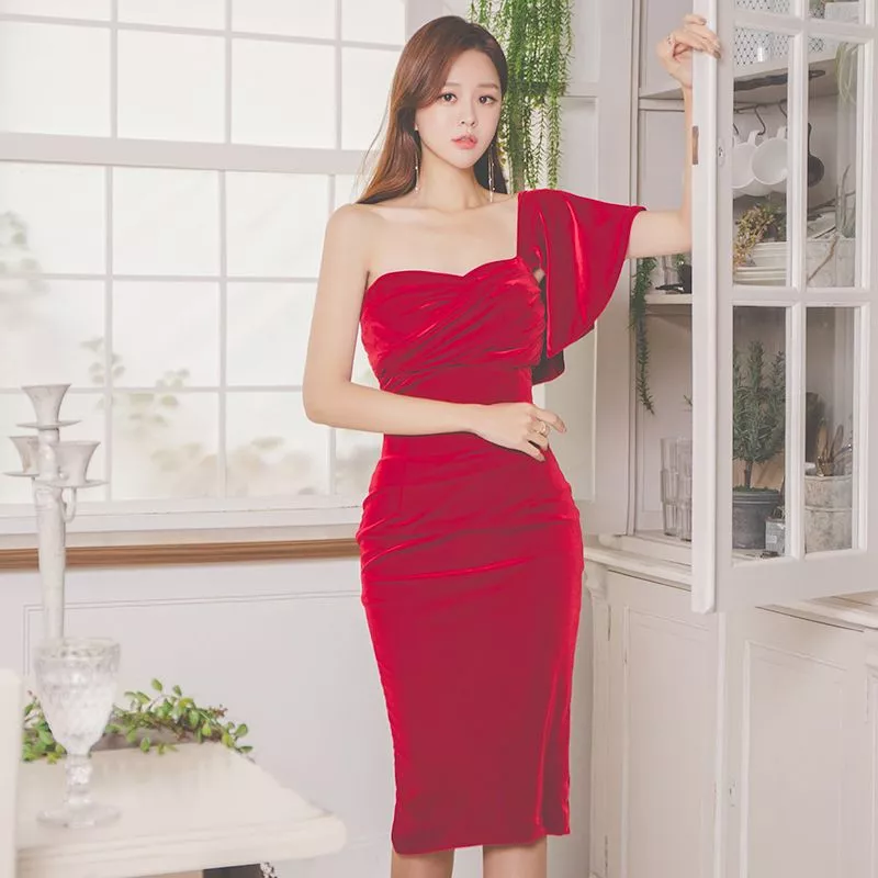 Tubino Vestito Abito Donna Elegante Scollato Ginocchio Rosso