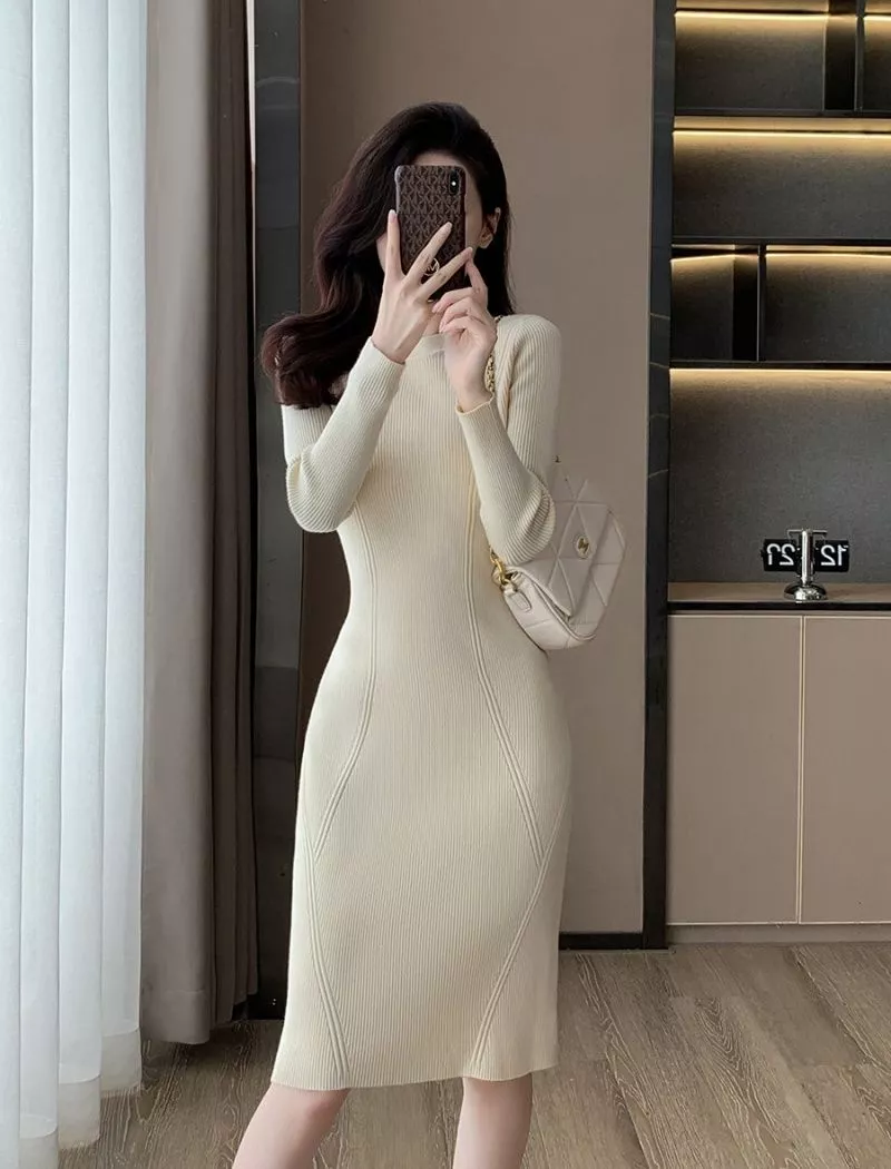 Tubino Vestito Abito Donna Elegante Manica Lunga Beige Panna In