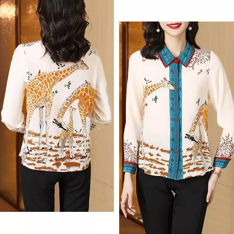 Immagini fronte e retro della camicia fantasia giraffe con maniche lunghe