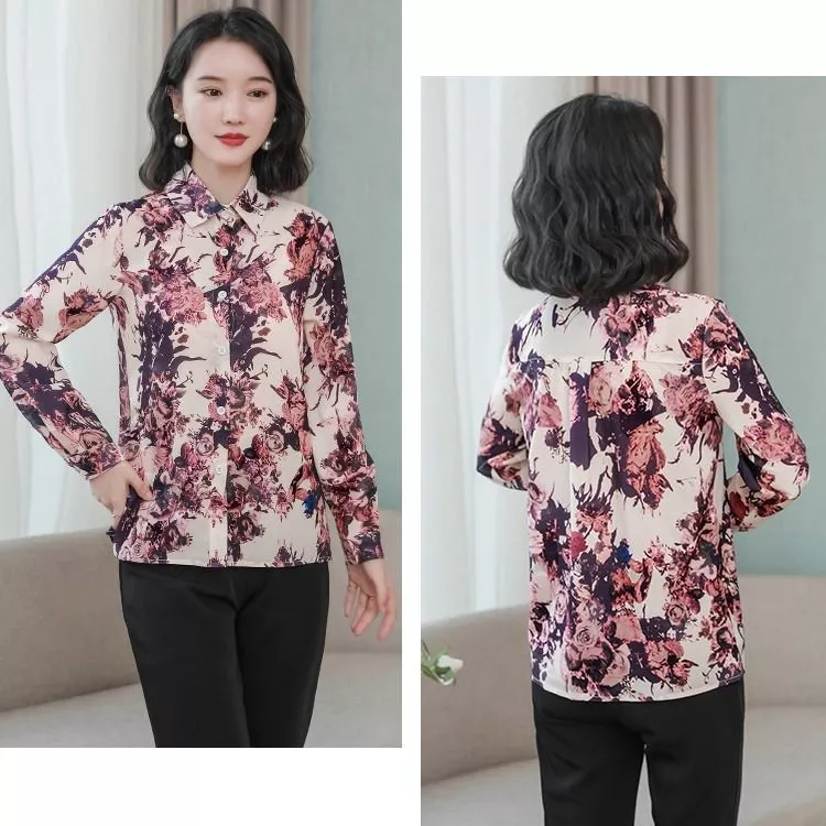 Camicia Donna Maniche Lunghe Motivo Floreale Elegante S-3XL DYQ8X