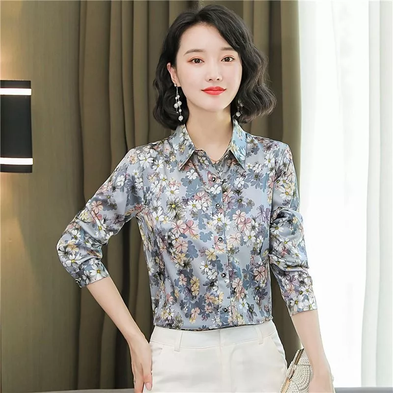 Camicia Donna Maniche Lunghe Seta Sintetica Fantasia Floreale Elegante 7JE75