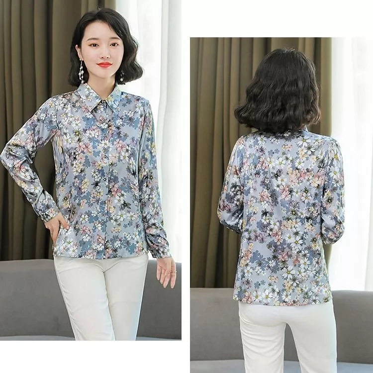 Camicia Donna Maniche Lunghe Seta Sintetica Fantasia Floreale Elegante 7JE75