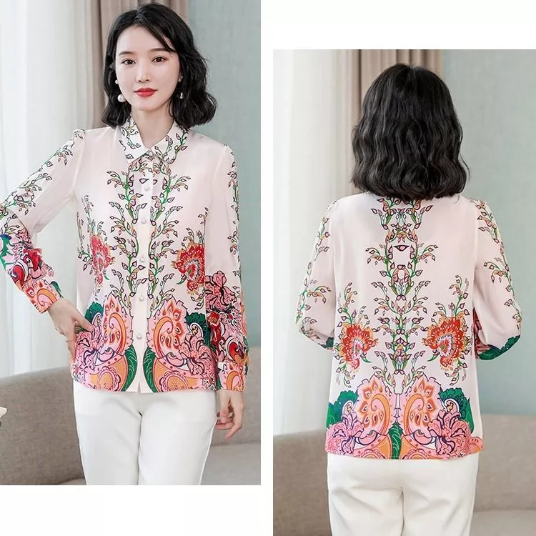 Camicia Donna Maniche Lunghe Stampa Floreale Elegante Seta Sintetica 7FDM2