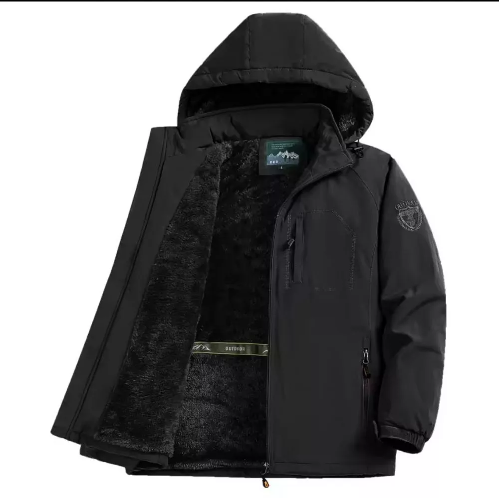Cappotto uomo nero imbottito con cappuccio e interno pelliccia sintetica, vista aperto esposizione laterale