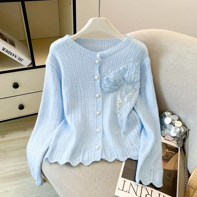 Cardigan Donna Girocollo Maglia Sottile Con Decorazione Floreale WCJY0