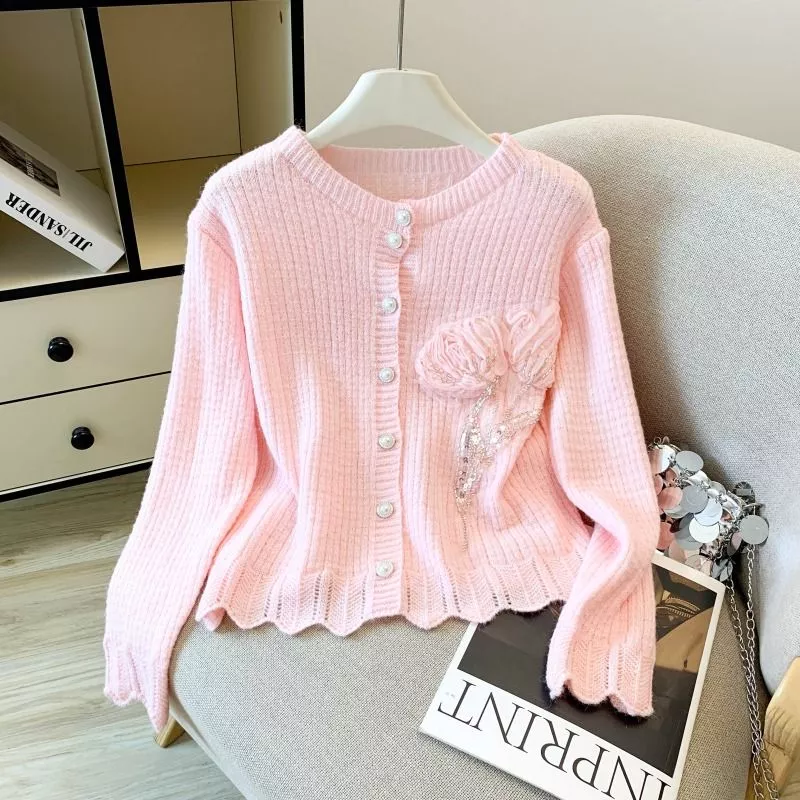 Cardigan Donna Girocollo Maglia Sottile Con Decorazione Floreale WCJY0