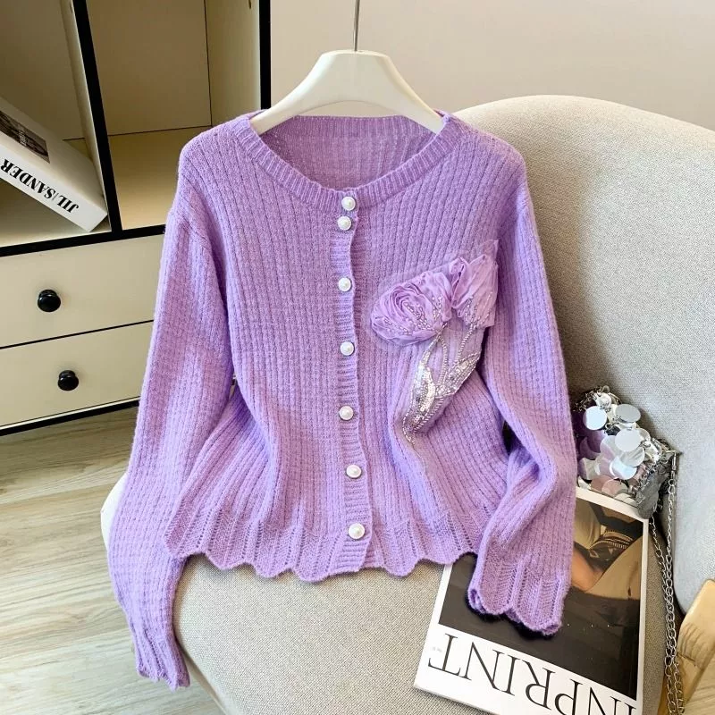 Cardigan Donna Girocollo Maglia Sottile Con Decorazione Floreale WCJY0
