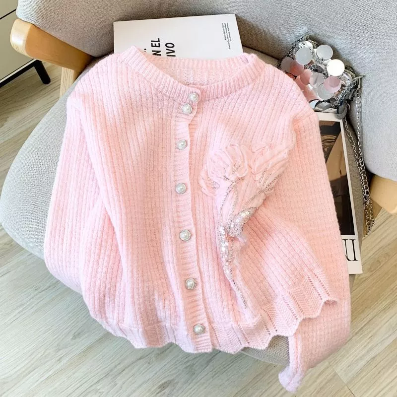Cardigan donna rosa chiaro in maglia con decorazione floreale frontale
