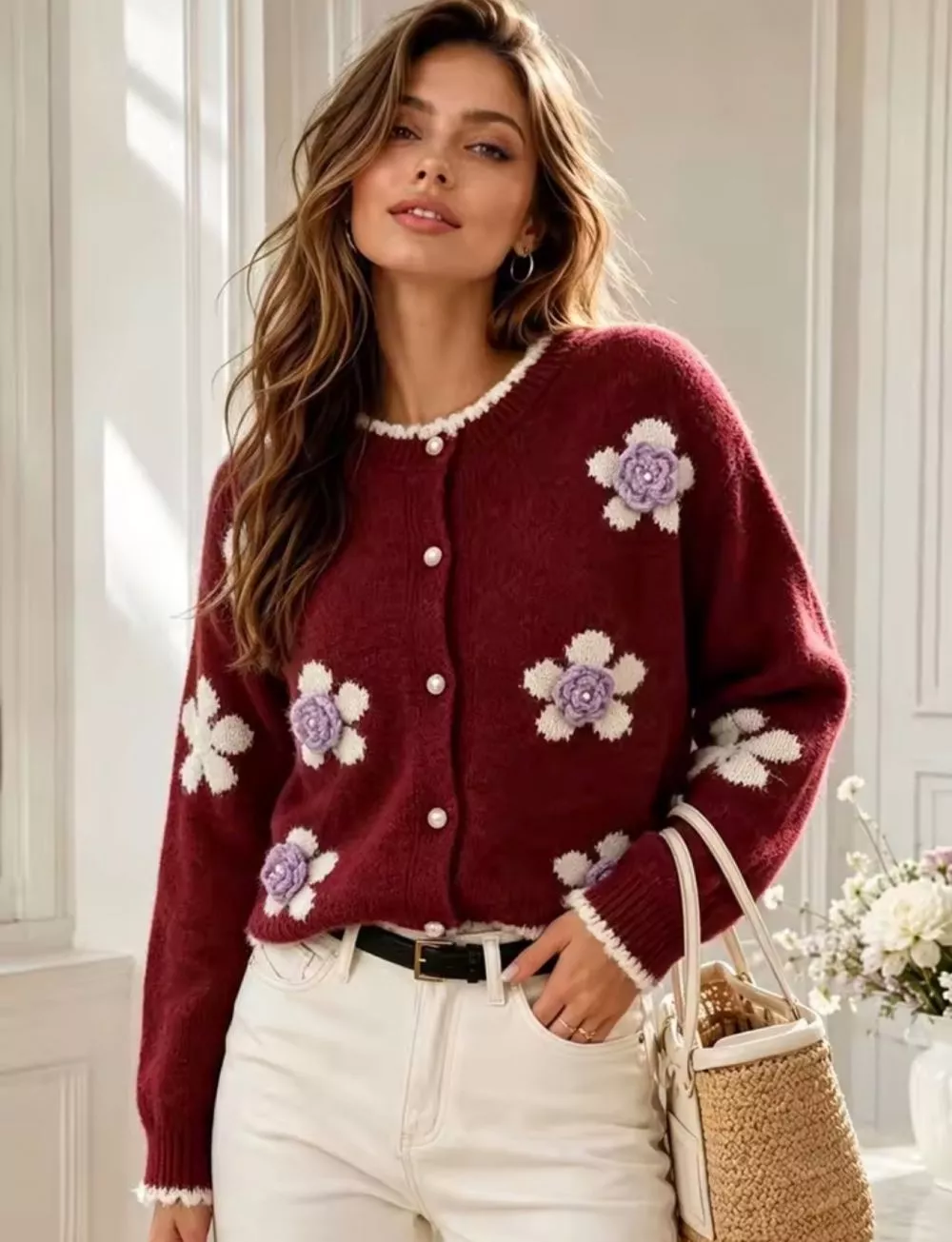 Cardigan donna bordeaux con fiori lilla e petali beige chiaro, vista frontale