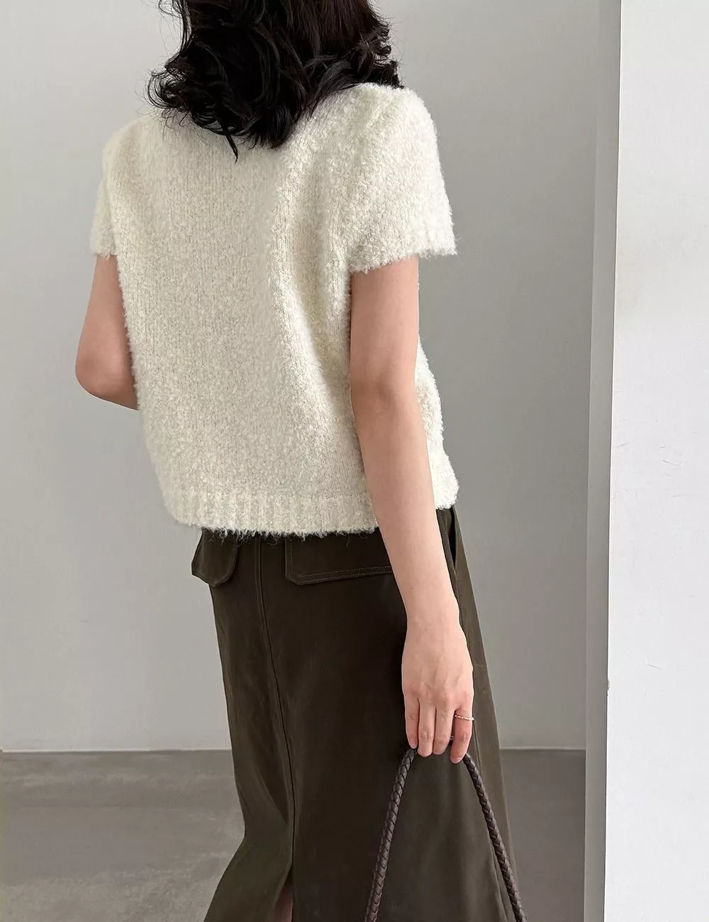 Cardigan Donna Lana Maniche Corte Collo Alto Bottoni Grigio Beige D87P7
