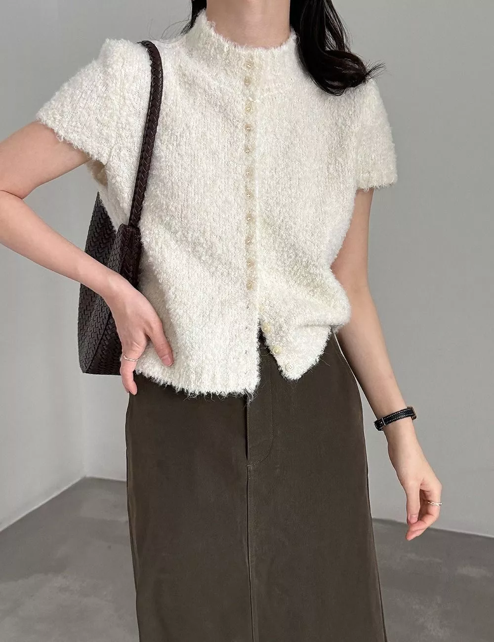 Cardigan Donna Lana Maniche Corte Collo Alto Bottoni Grigio Beige D87P7