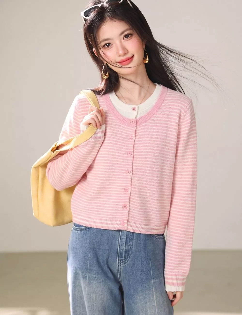 Cardigan Donna Rosa A Righe Corto Manica Lunga Taglia Unica FIQS8