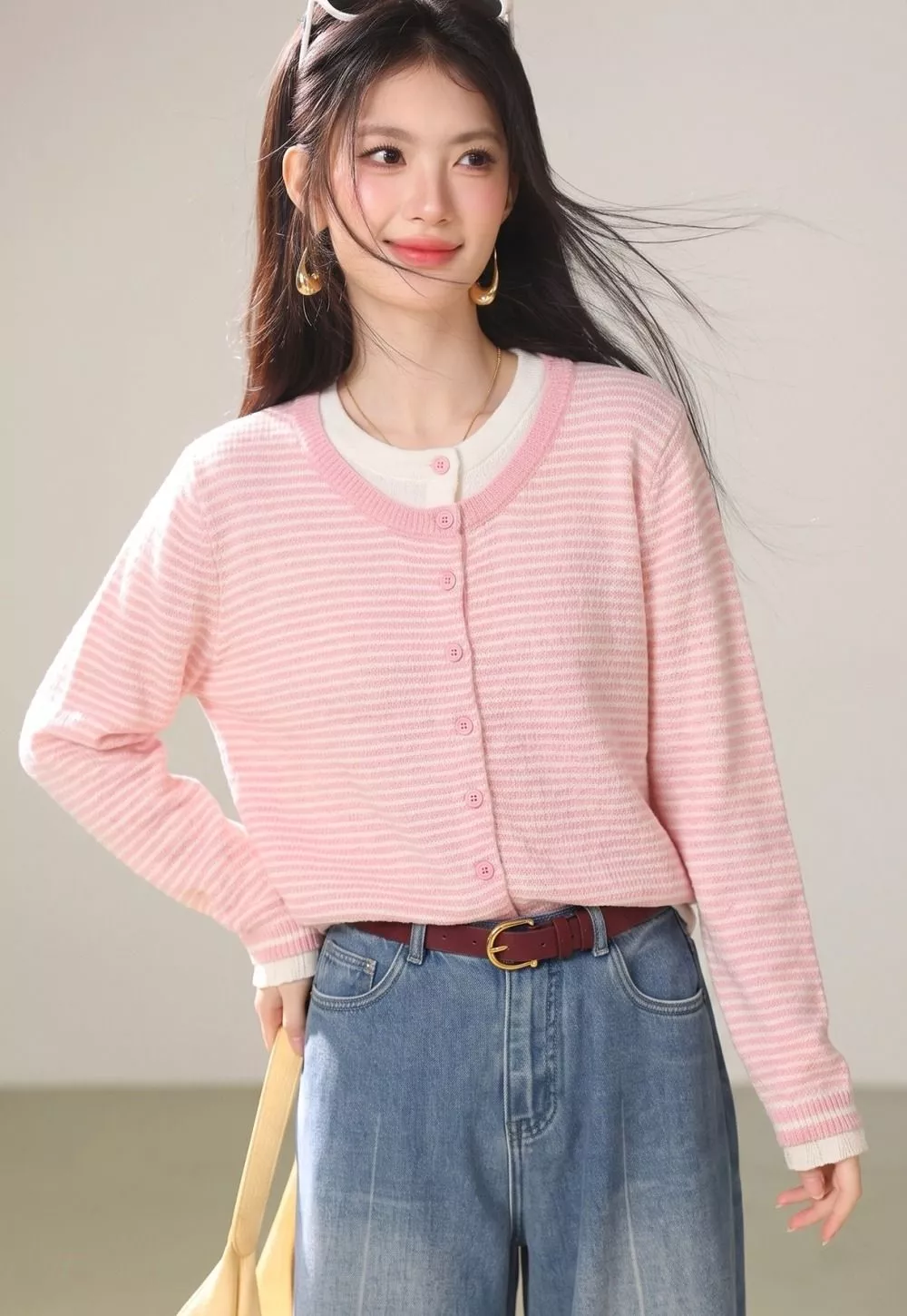 Cardigan Donna Rosa A Righe Corto Manica Lunga Taglia Unica FIQS8
