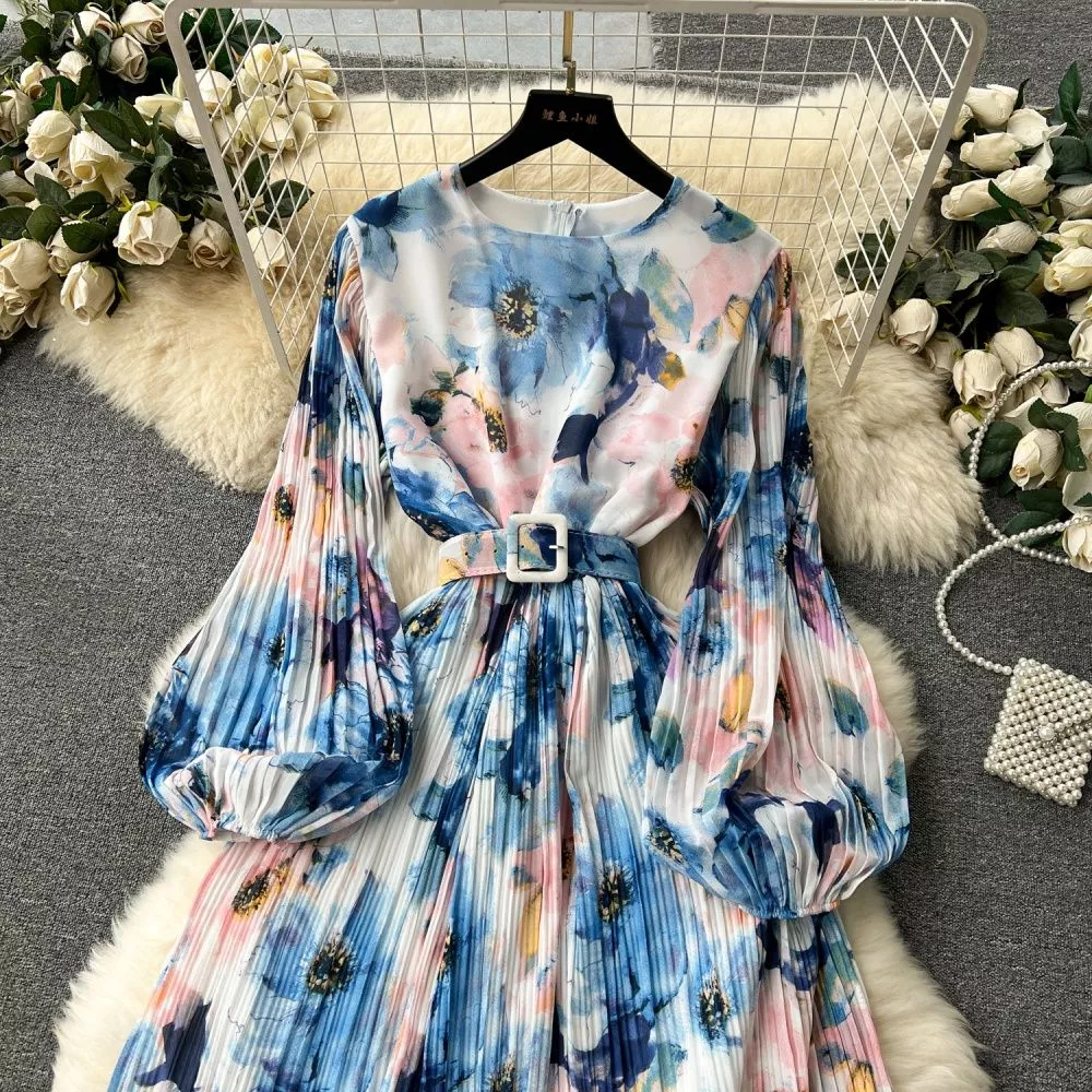 Vestito Abito Lungo Elegante Boho Chic Blu Fiori Palloncino