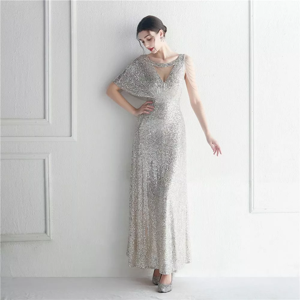 Vestito Abito Elegante Lungo Sera Argento Paillette Strass Morbido Evento 01878