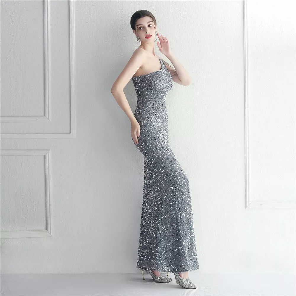 Vestito Abito Elegante Lungo Grigio Strass Sera Sirena Evento Spacco 02506