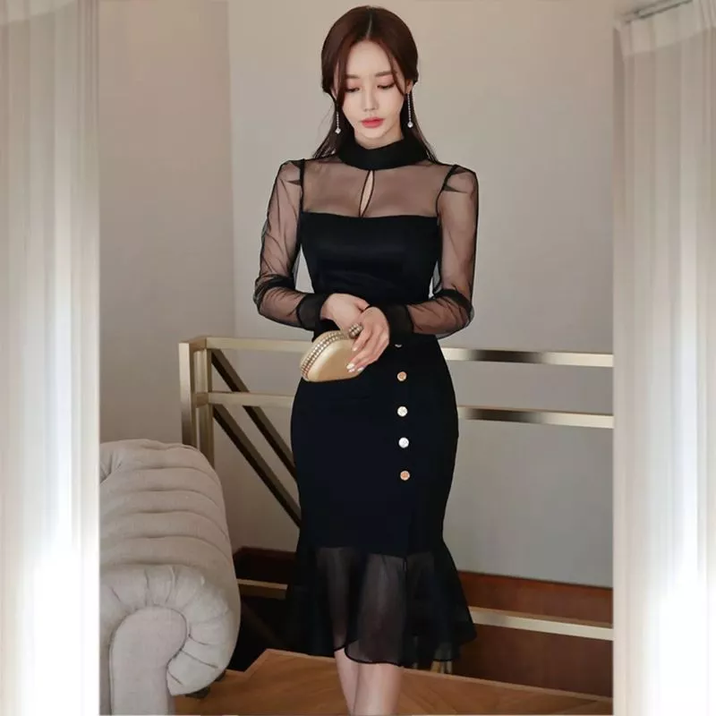 Tubino Vestito Abito Donna Elegante Manica Lunga Nero Pizzo Raso