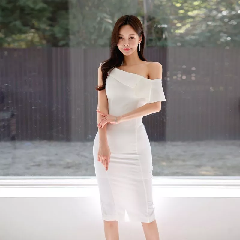 Tubino Vestito Abito Donna Elegante Bianco Scollato Corto Slim Raso 08617