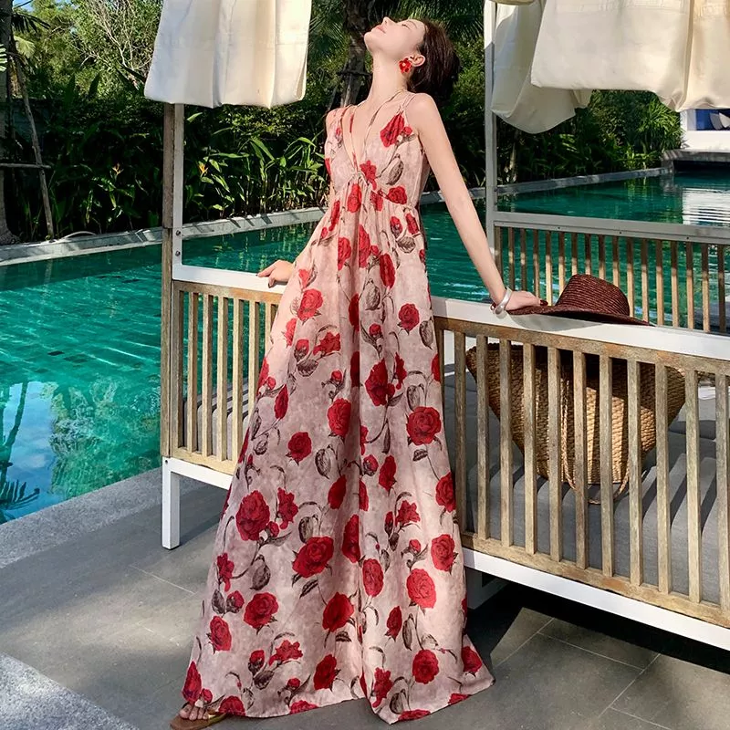 Vestito Abito Elegante Lungo Elegante Raso Boho Chic Rosso Fiori