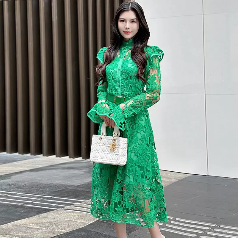 Vestito Abito Lungo Elegante Bohoo Morbido Verde Pizzo Cintura