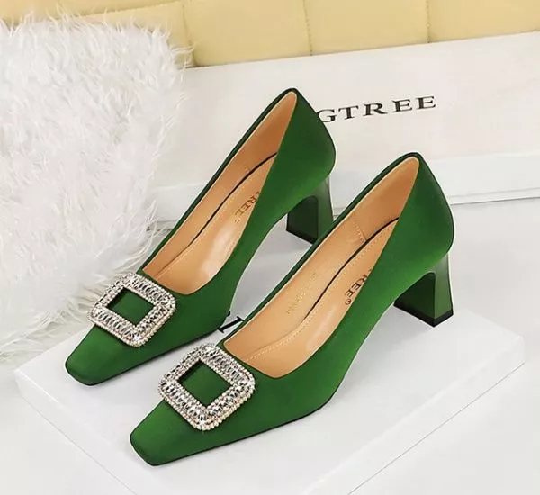 Decolte Scarpe cm Verde Tacco Quadrato Elegante Comode Pelle