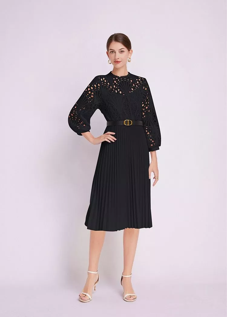 Vestito Abito Donna Elegante Longuette Nero Pizzo Cintura Raso