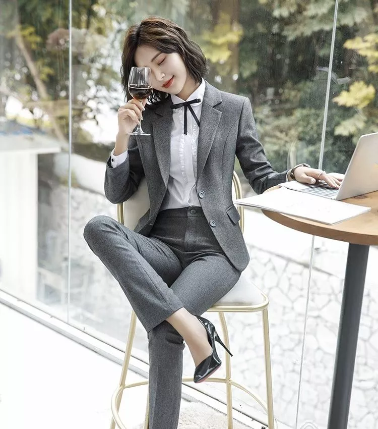 Tailleur Completo Ufficio Donna Outfit Giacca Blazer Grigio Slim