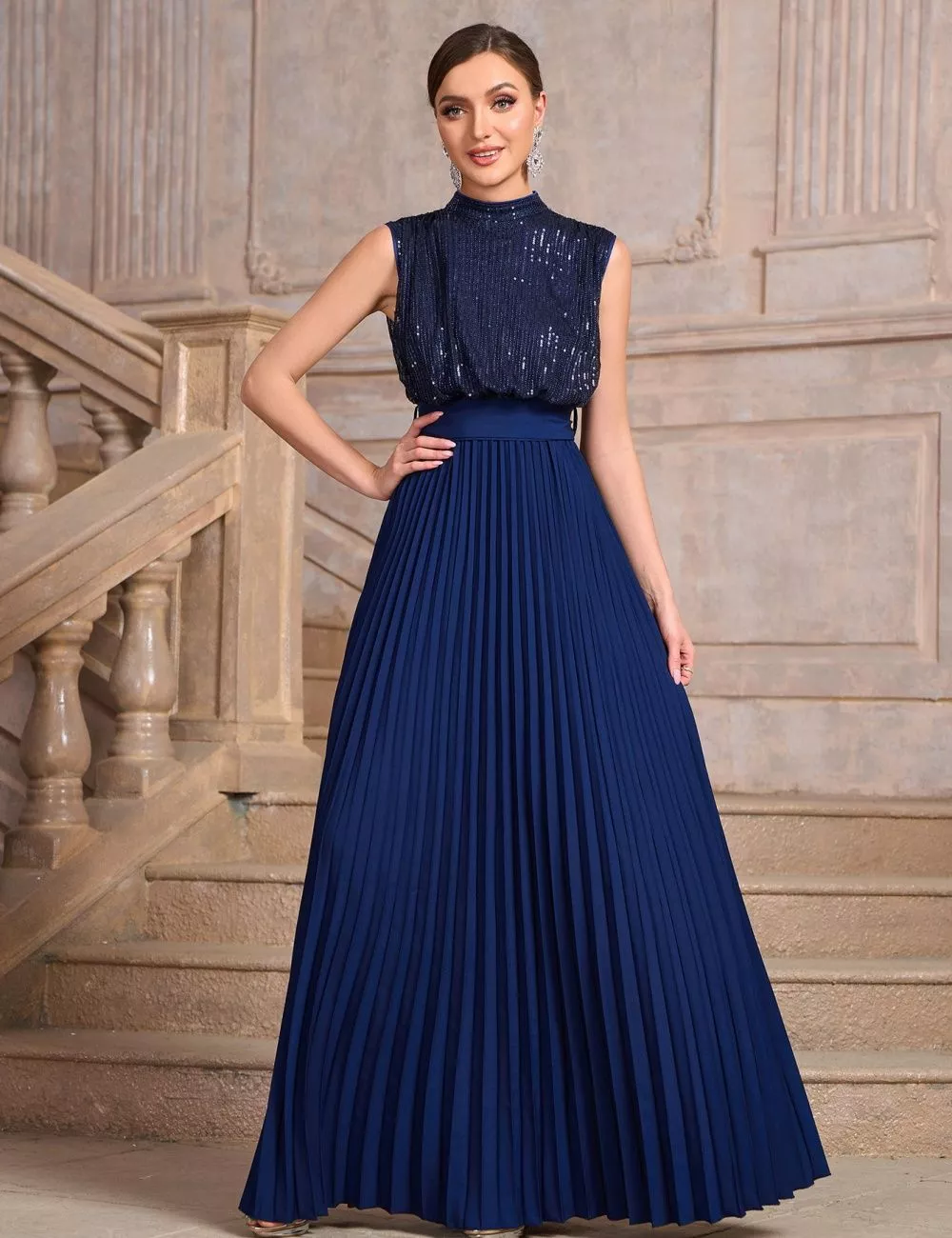 Vestito Abito Elegante Lungo Donna Blu Navy Strass Morbido Sera