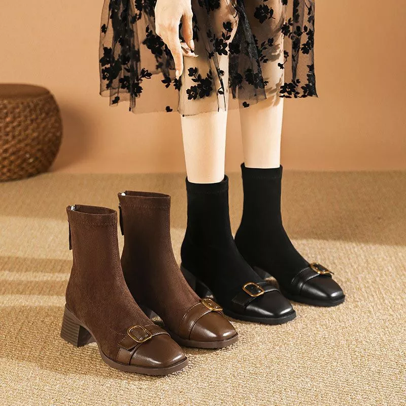 Stivaletti Donna In Camoscio Nude – Tacco Basso A Blocco, Scarpe Eleganti Per Matrimoni, Feste, Ufficio E Appuntamenti