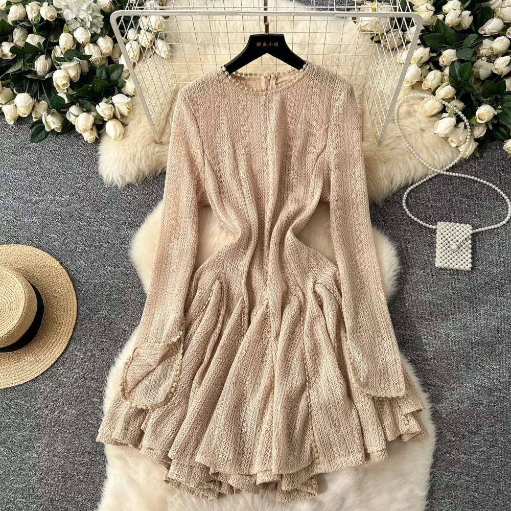 Vestito Abito Donna Corto Raso Morbido Boho Chic Beige Raso