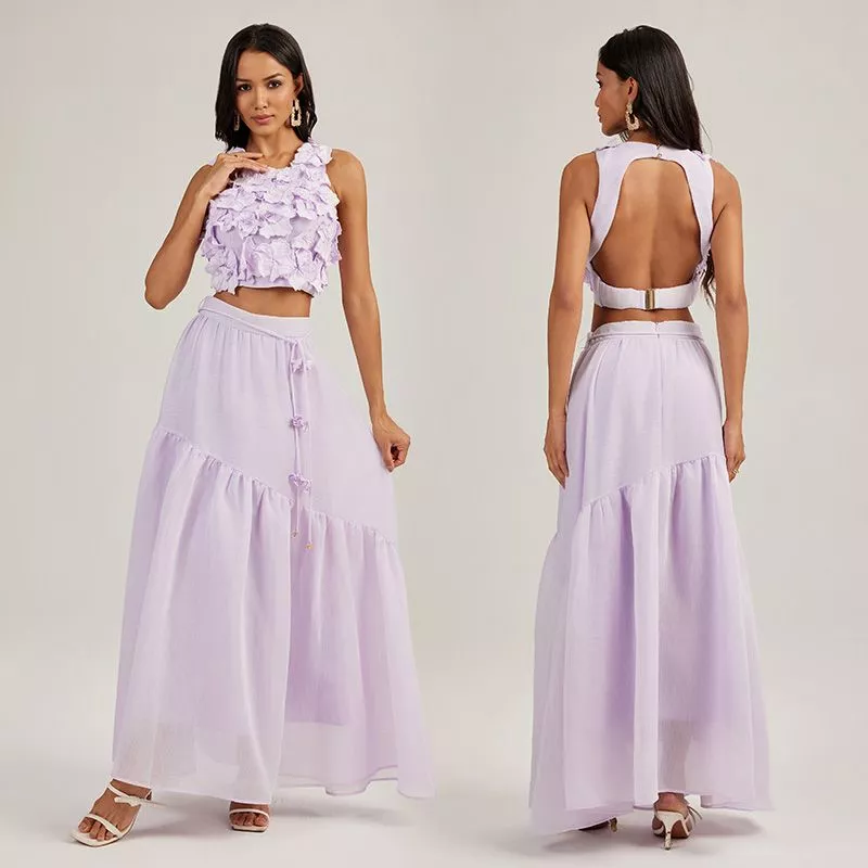 Vakkest Completo Estivo 2 Pezzi Donna - Canotta Con Volant Floreale E Gonna Lunga A Vita Alta, Nero Tinta Unita, Taglie Forti XXL, Look Boho Tropicale