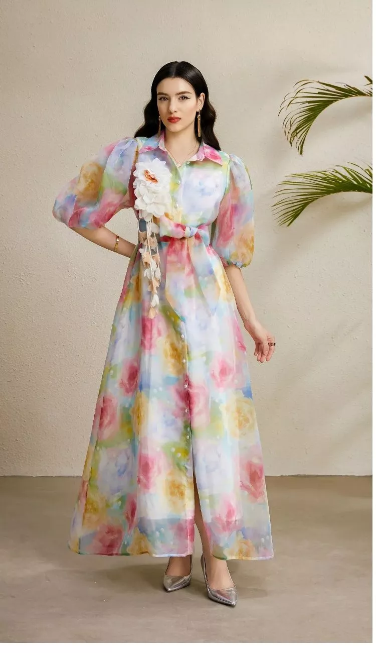 Vestito Lungo Acquerello Con Fiori In Rilievo E Maniche A