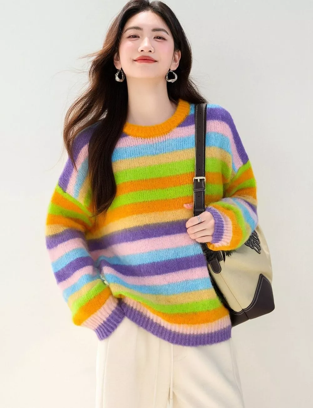 Nuovo maglione autunno inverno da donna, patchwork, multicolore, con stampa a righe e scollo rotondo, casual, lavorato a maglia.  200000345