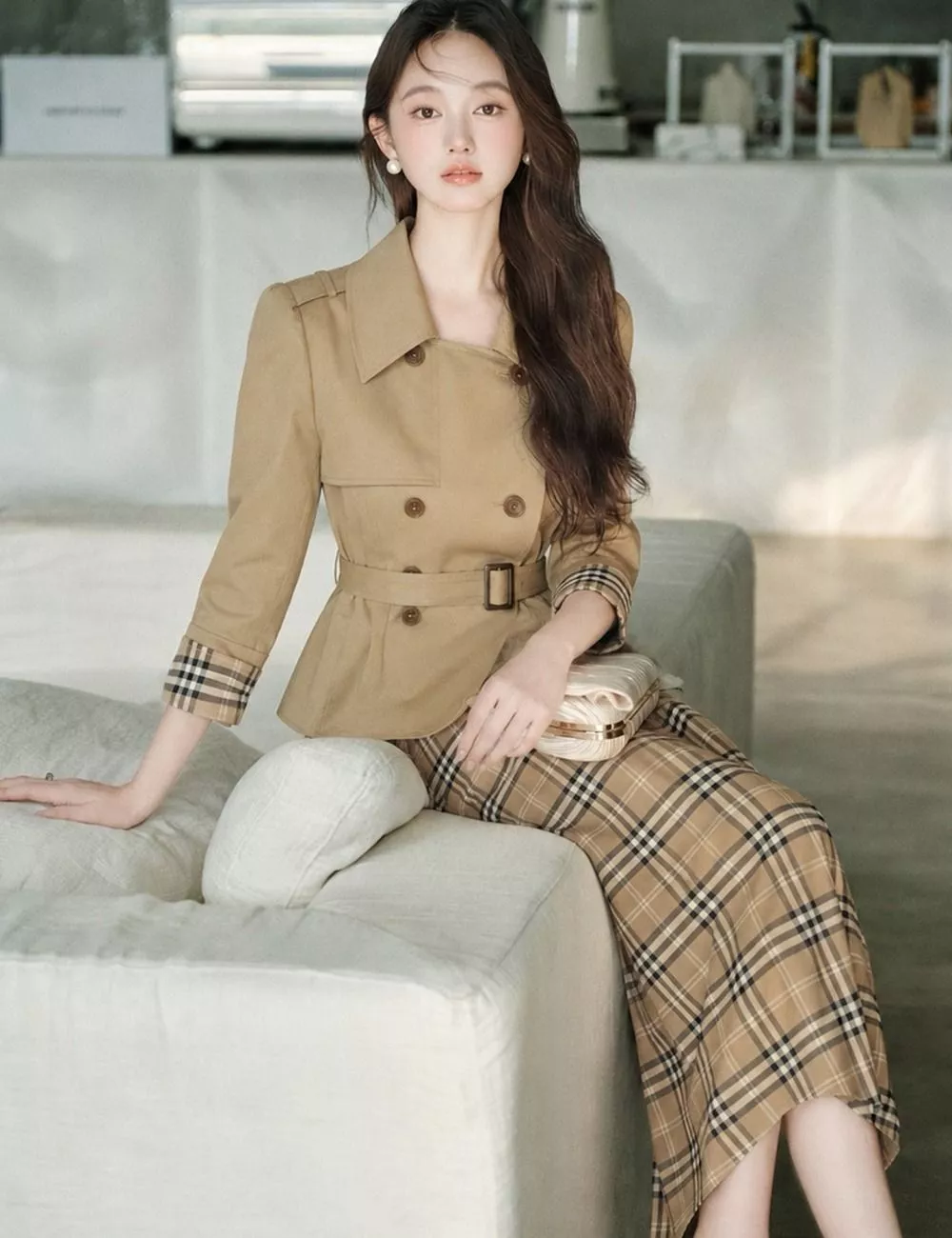 Primo piano giacca corta beige con cintura su modello femminile seduta