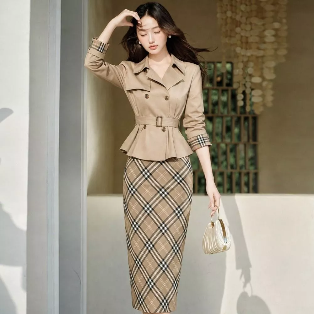 Modello donna con completo due pezzi giacca corta beige e gonna a quadri vista frontale