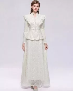 Completo donna albicocca con giacca maniche lunghe e gonna lunga a trapezio