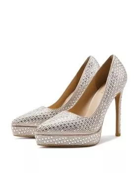 Décolleté donna color champagne con decorazione in strass su plateau e tacco alto 12 cm