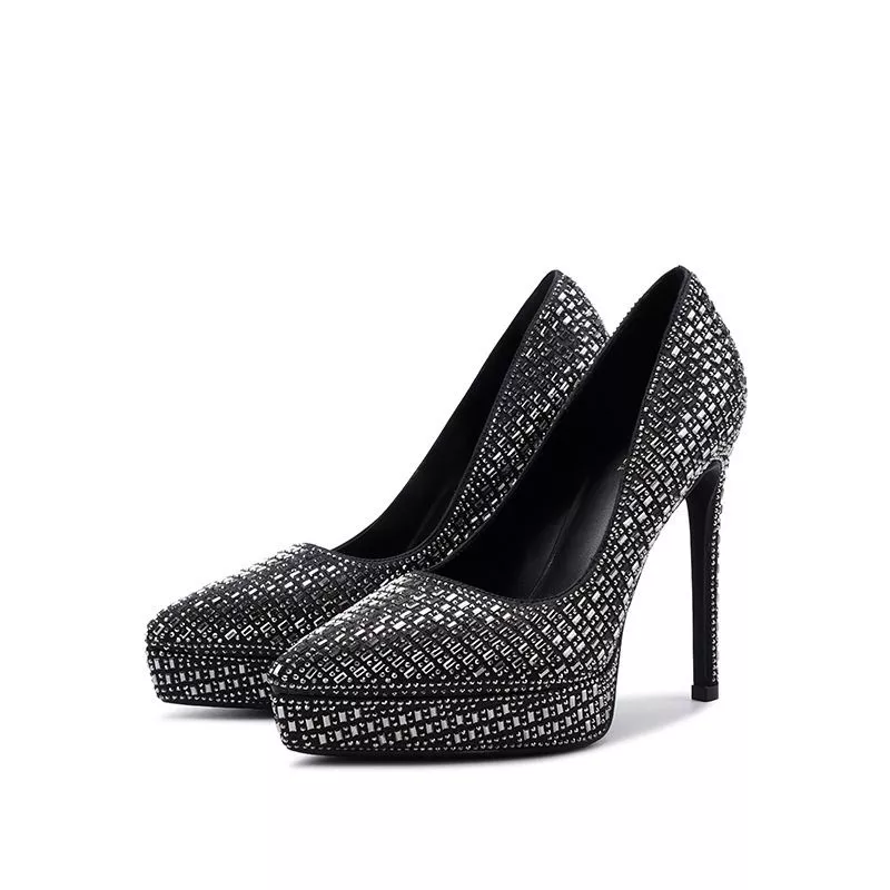 D&eacute;collet&eacute; donna nero con ricco strass, plateau e tacco fine 12 cm