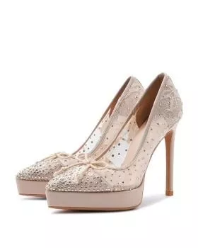 Décolleté donna color nude in rete con strass decorativi, vista laterale