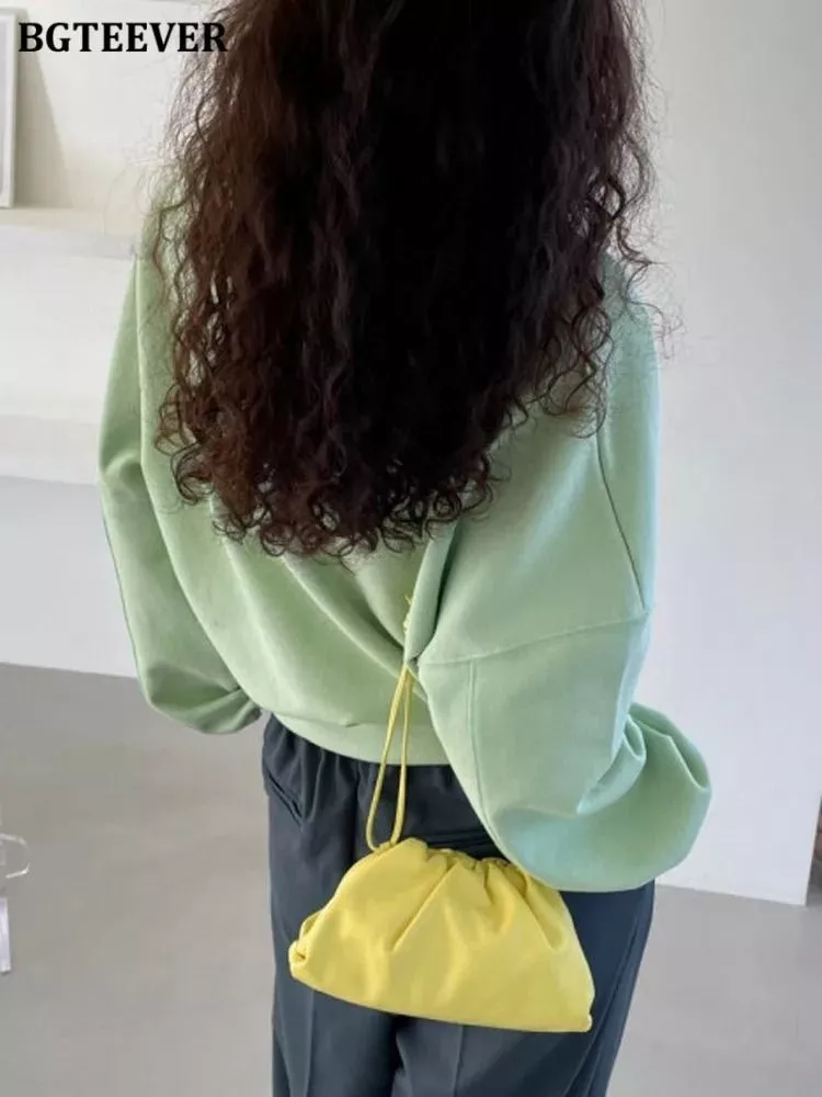 Retro felpa donna verde chiaro con scollo a V e maniche lunghe
