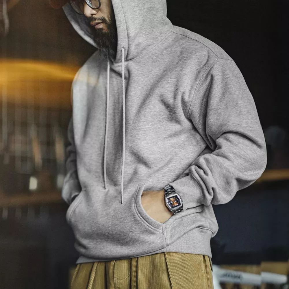 Felpa uomo Grigio Scuro con cappuccio e tasca a marsupio, vista laterale