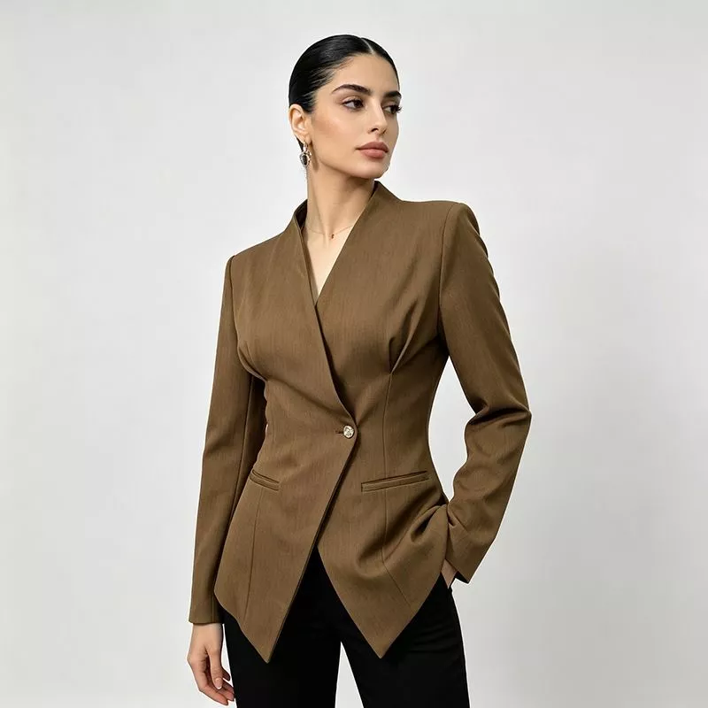 Giacca marrone da donna vista laterale con tasche e taglio sagomato