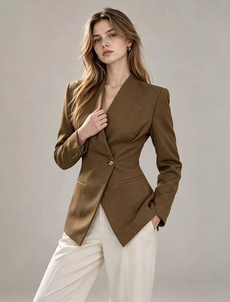 Giacca marrone elegante da donna vista retro con dettagli cuciture