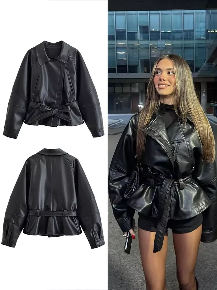 Giacca donna in pelle sintetica nero vista fronte e retro con cintura