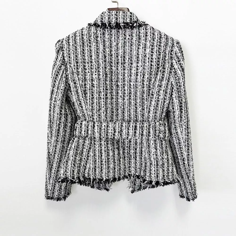 Vista posteriore giacca donna tweed bianco e nero con cintura