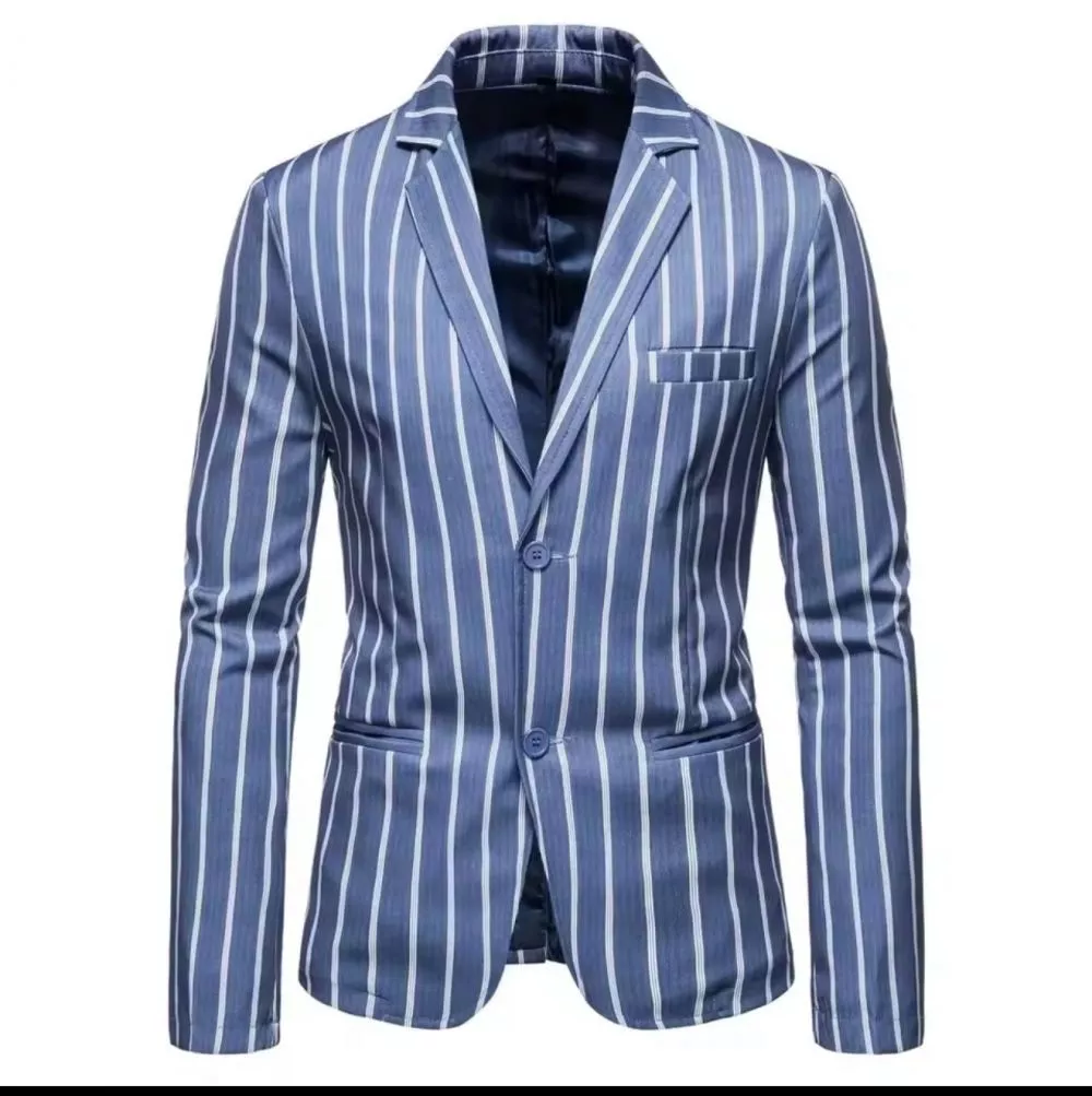 Giacca spezzato uomo a righe verticali blu e bianco vista frontale