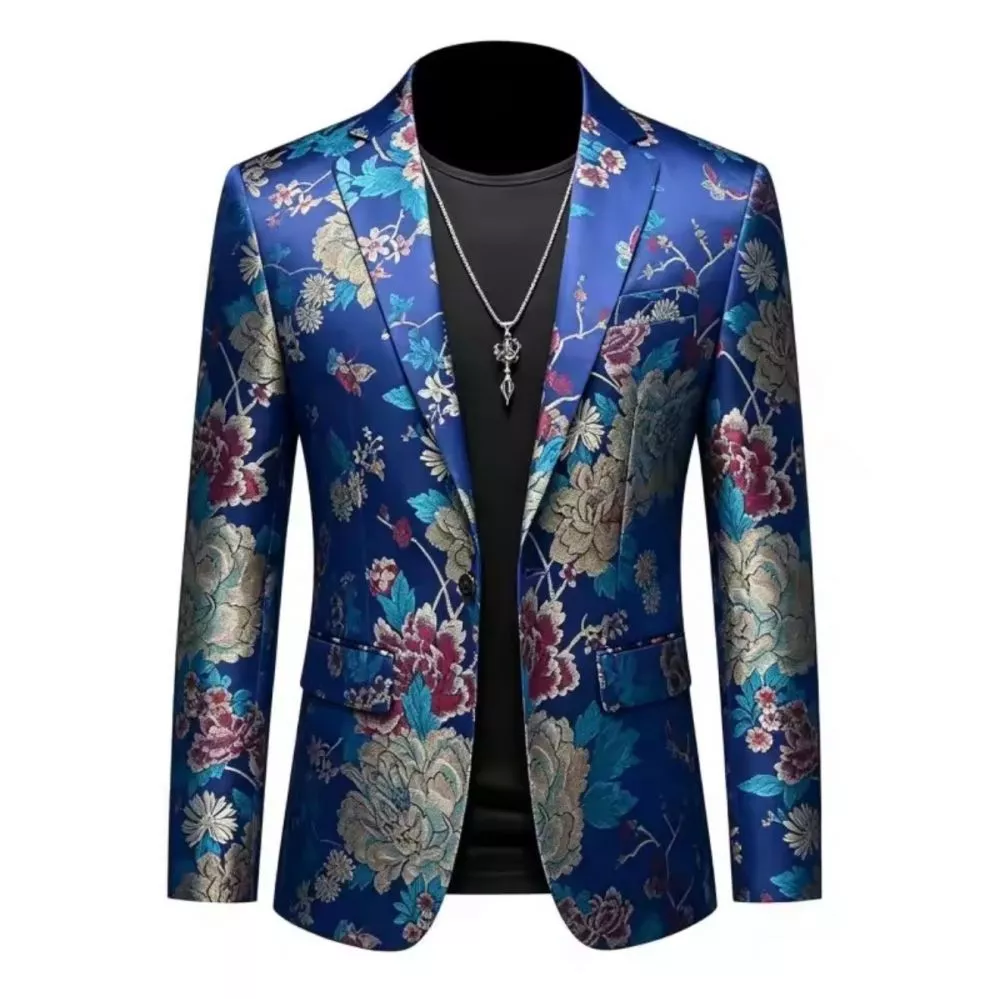 Giacca spezzato uomo blu navy con motivo floreale multicolore vista frontale