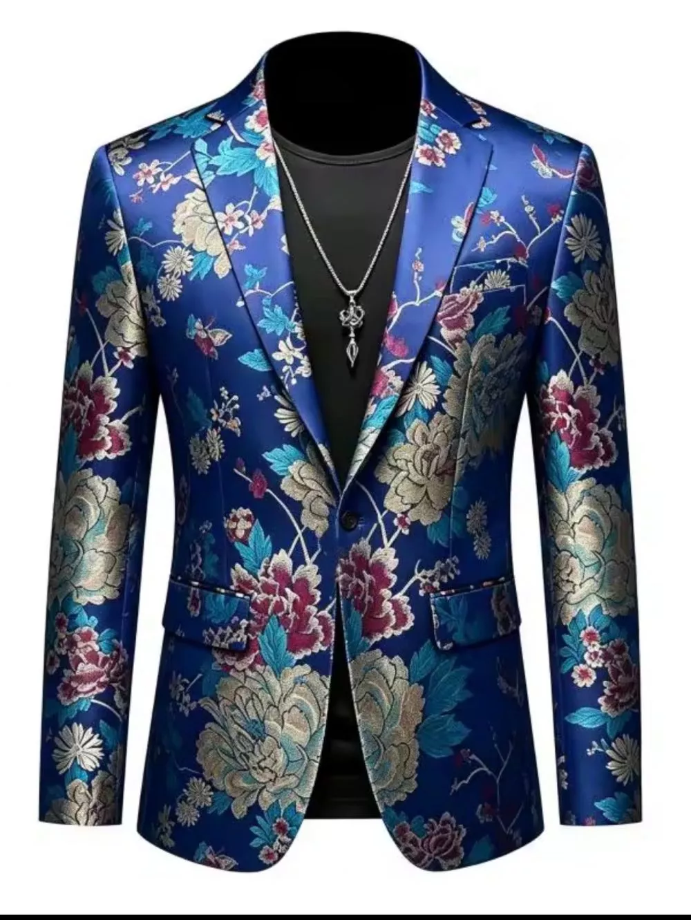Giacca spezzato uomo blu navy con motivo floreale multicolore vista anteriore leggermente inclinata