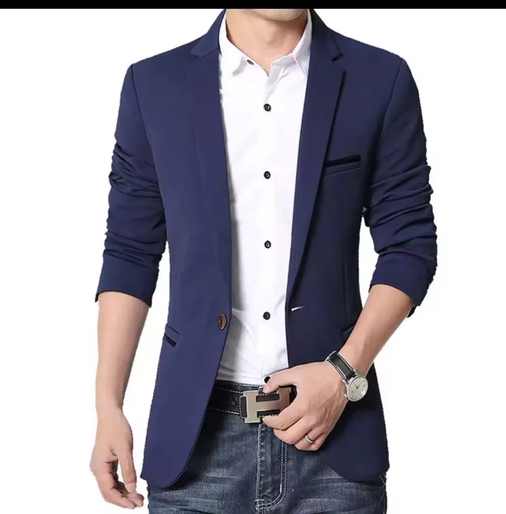 Giacca spezzato uomo blu navy con un bottone e tasche rifinite, vista frontale
