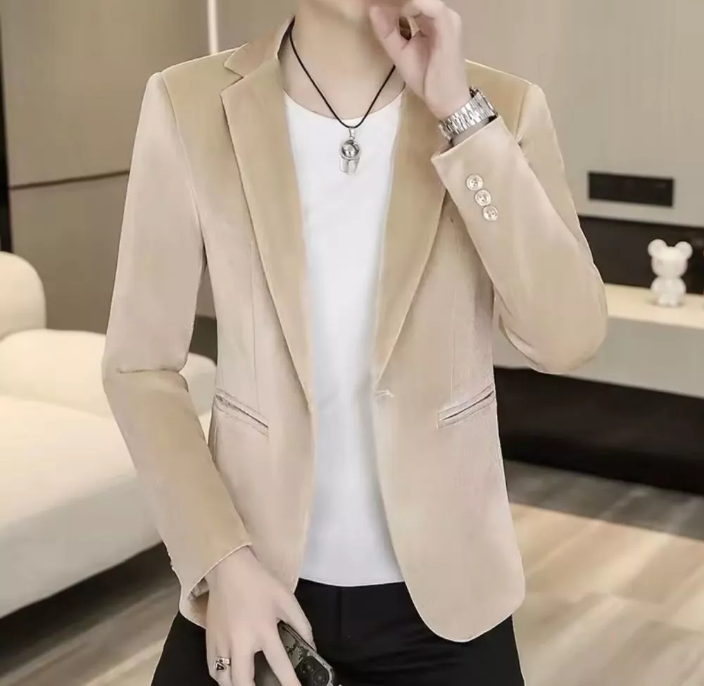 Giacca spezzato uomo in velluto beige vista frontale con chiusura aperta
